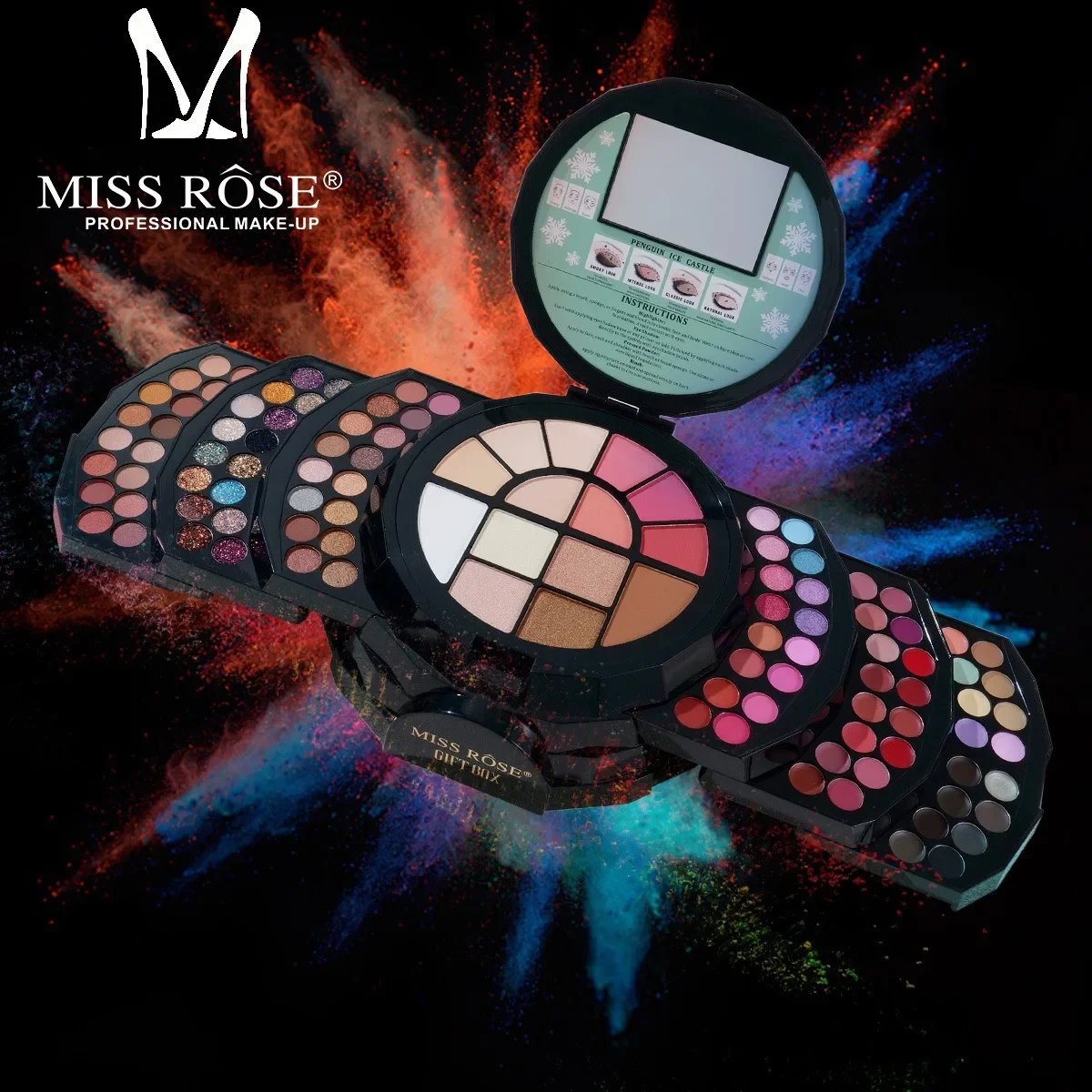 لوحة مكياج MISSROSE متعددة الألوان مع أحمر شفاه ظلال عيون وأحمر خدود ومجموعة بودرة عالية اللمعان تتضمن مرآة