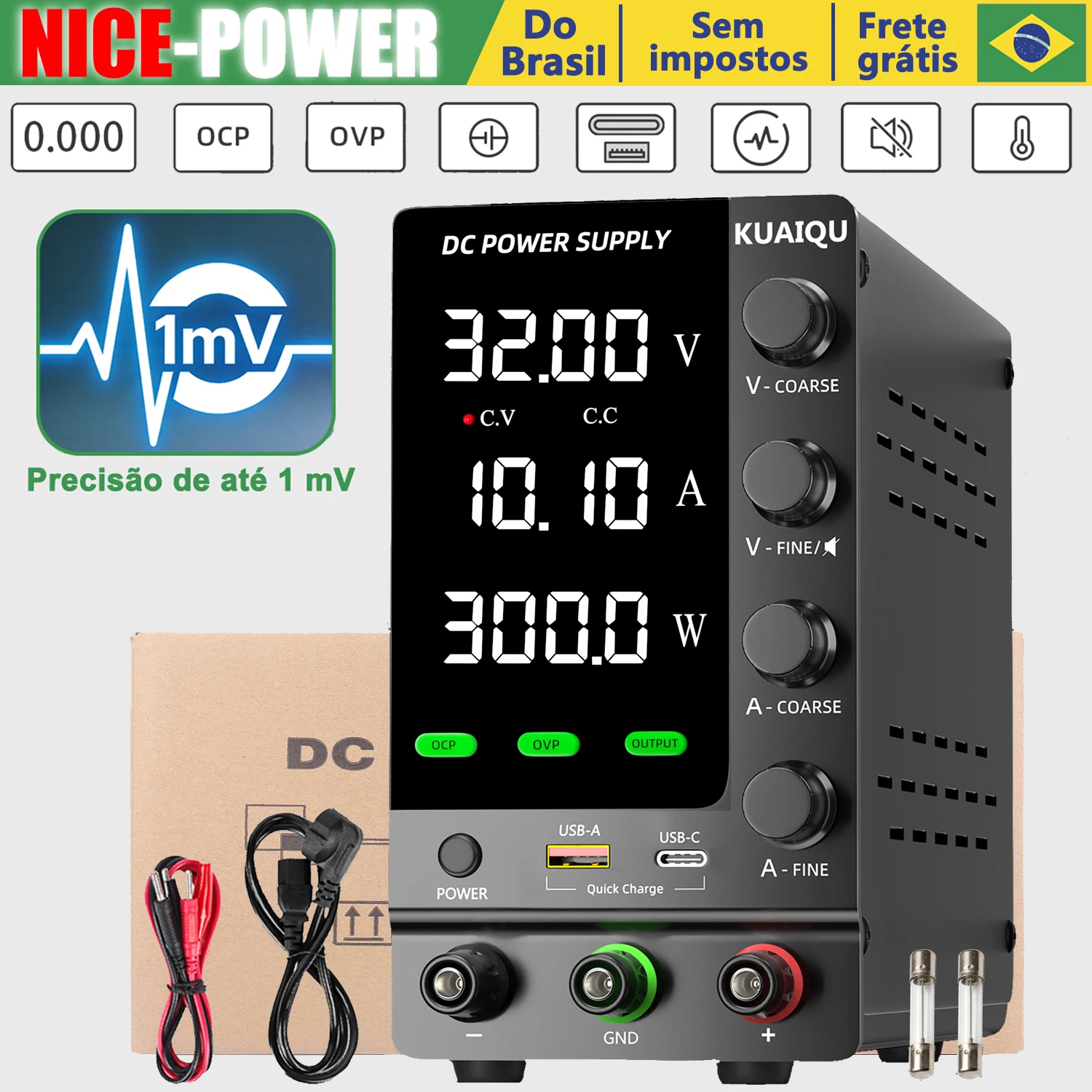 Do Brasil, Fonte de Alimentação de Bancada Nice-Power 32V 10A, Fonte de Alimentação DC Regulada para Laboratório com OCP/OVP/Funcionamento a plena carga 24h, ajustável até 1 mV e 1 mA, (Dois unidades: série/paralelo)