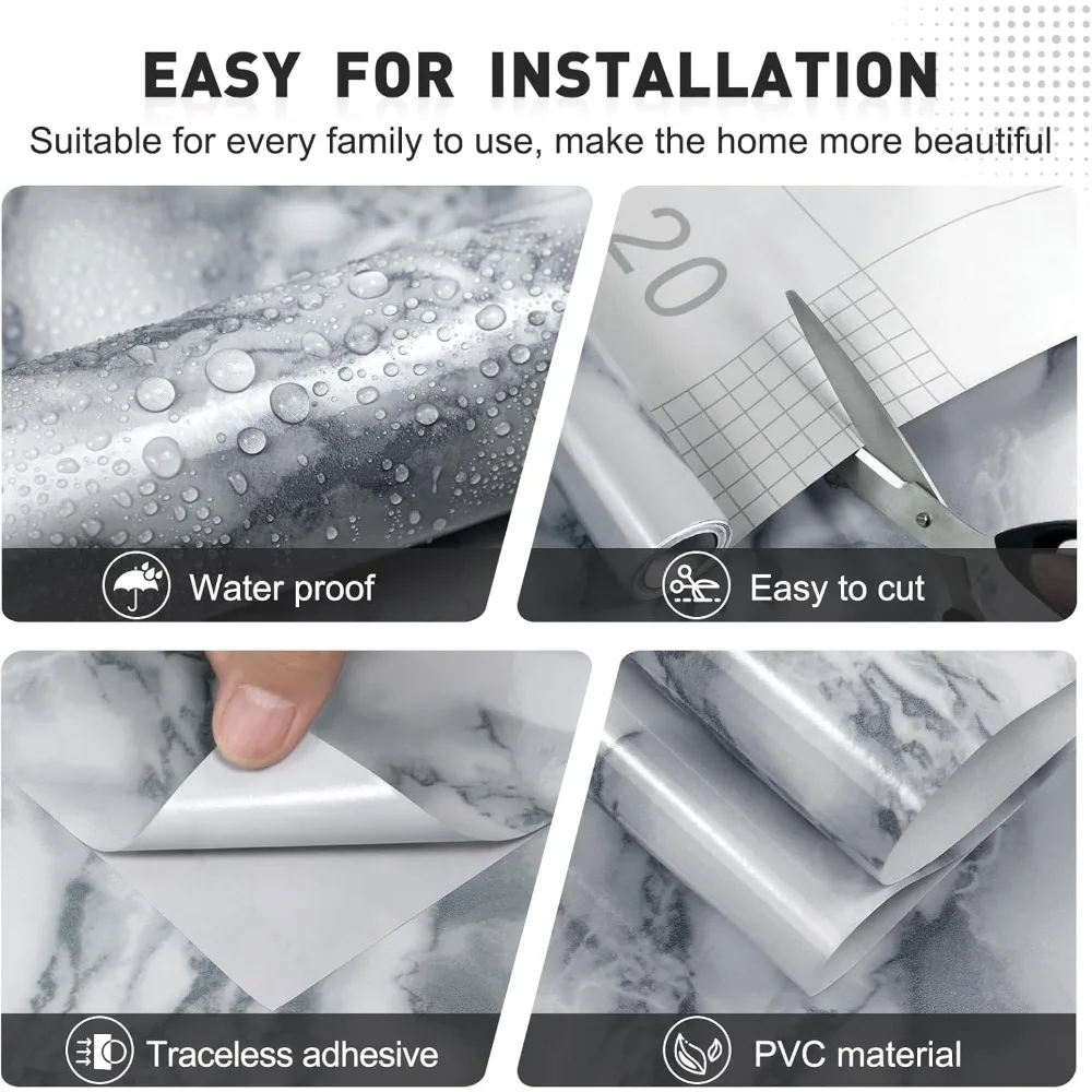 ورق اتصال رخامي لامع مقاوم للماء ذاتي اللصق وقابل للإزالة لأسطح الكونترتوب والأثاث، تصميم أبيض ورمادي