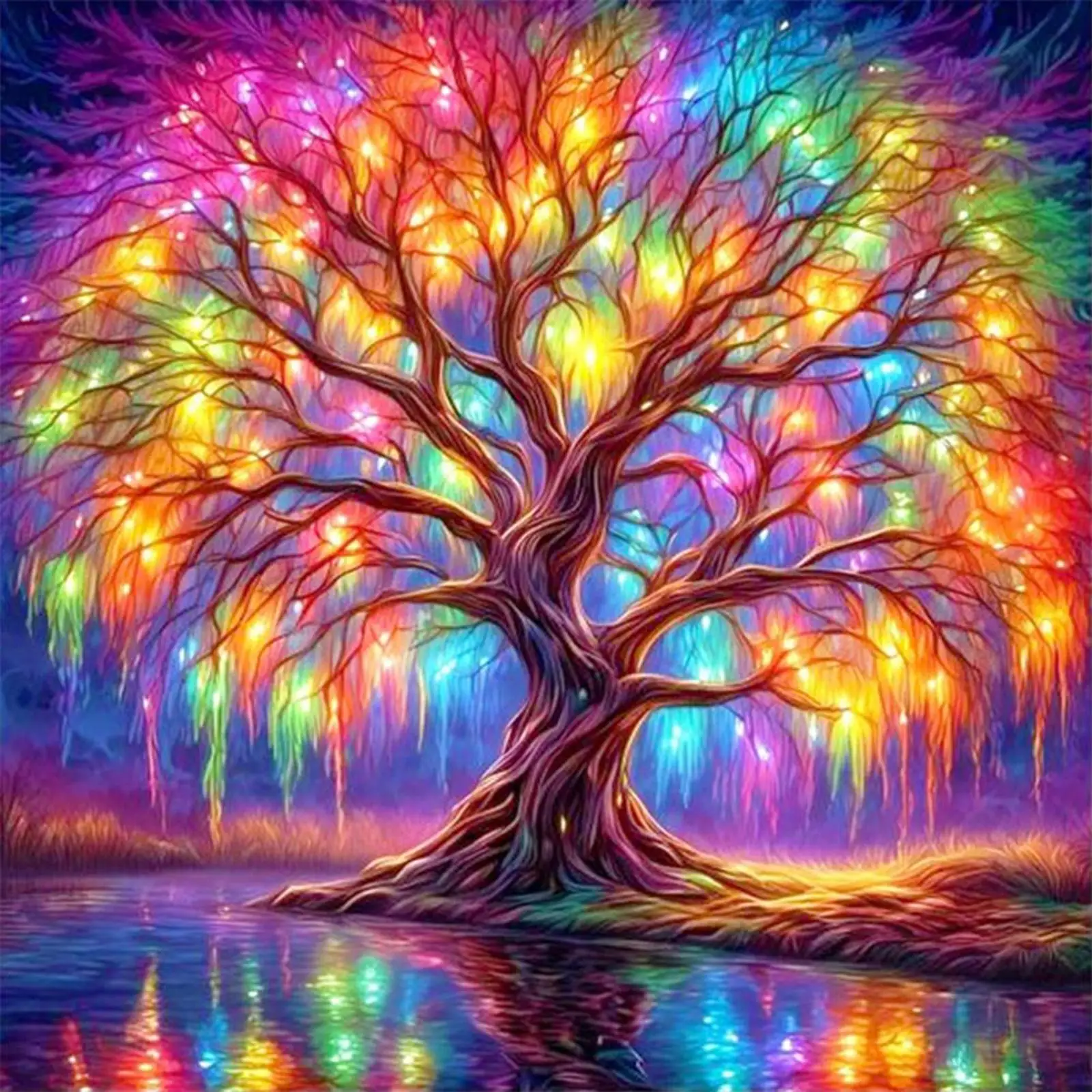 

5D DIY Full Round Drill Diamond Painting Colorful Tree by the Lake Decor 30x30cm