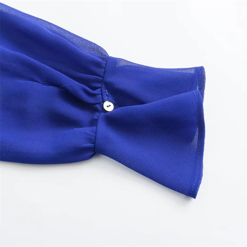 KEYANKETIAN New Launch Women\'s Tie Decoration Royal Blue Shirt Elegant Office Lady Petal Sleeve Chiffon Blouse Pullover Chemise