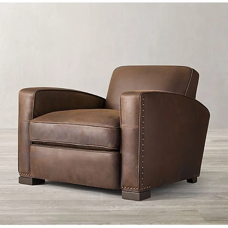 Retro first-layer leather single sofa, furniture American solid wood full leather leisure chair