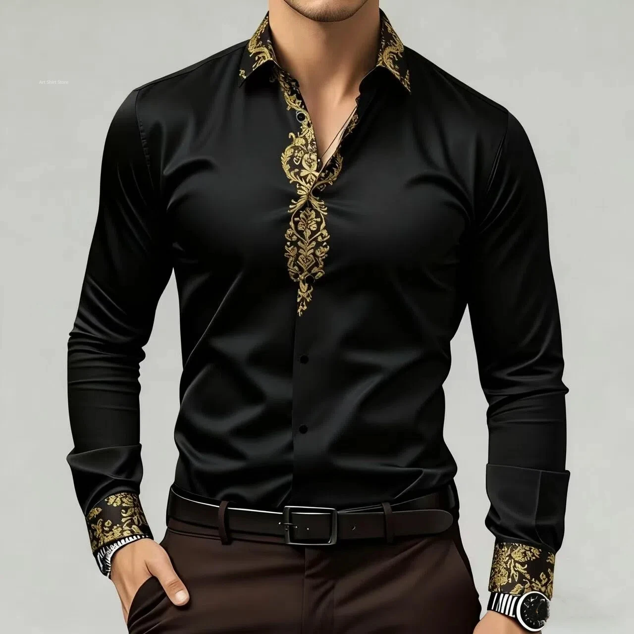 

2025 Men's New Fashionable High Quality Gold Pattern Satin High Quality Men's Long Sleeve Collar Shirt Suitable for Party Wearin