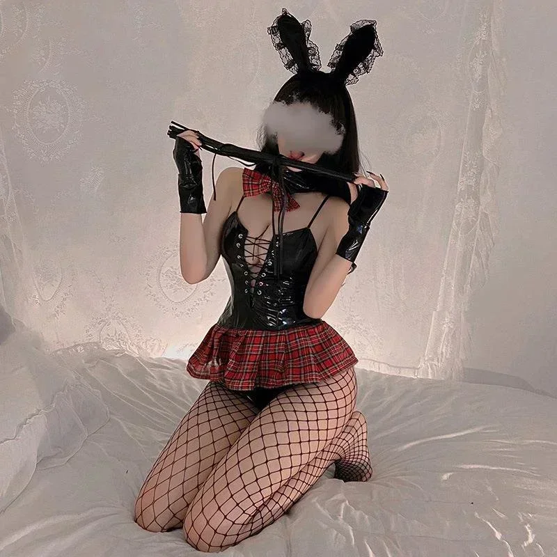 Preppy Style Straps PU Leather Sexy Women Lingerie Lace Up Backless Bodysuit with Plaid Apron Bunny Girl Cosplay Erotic Outfits