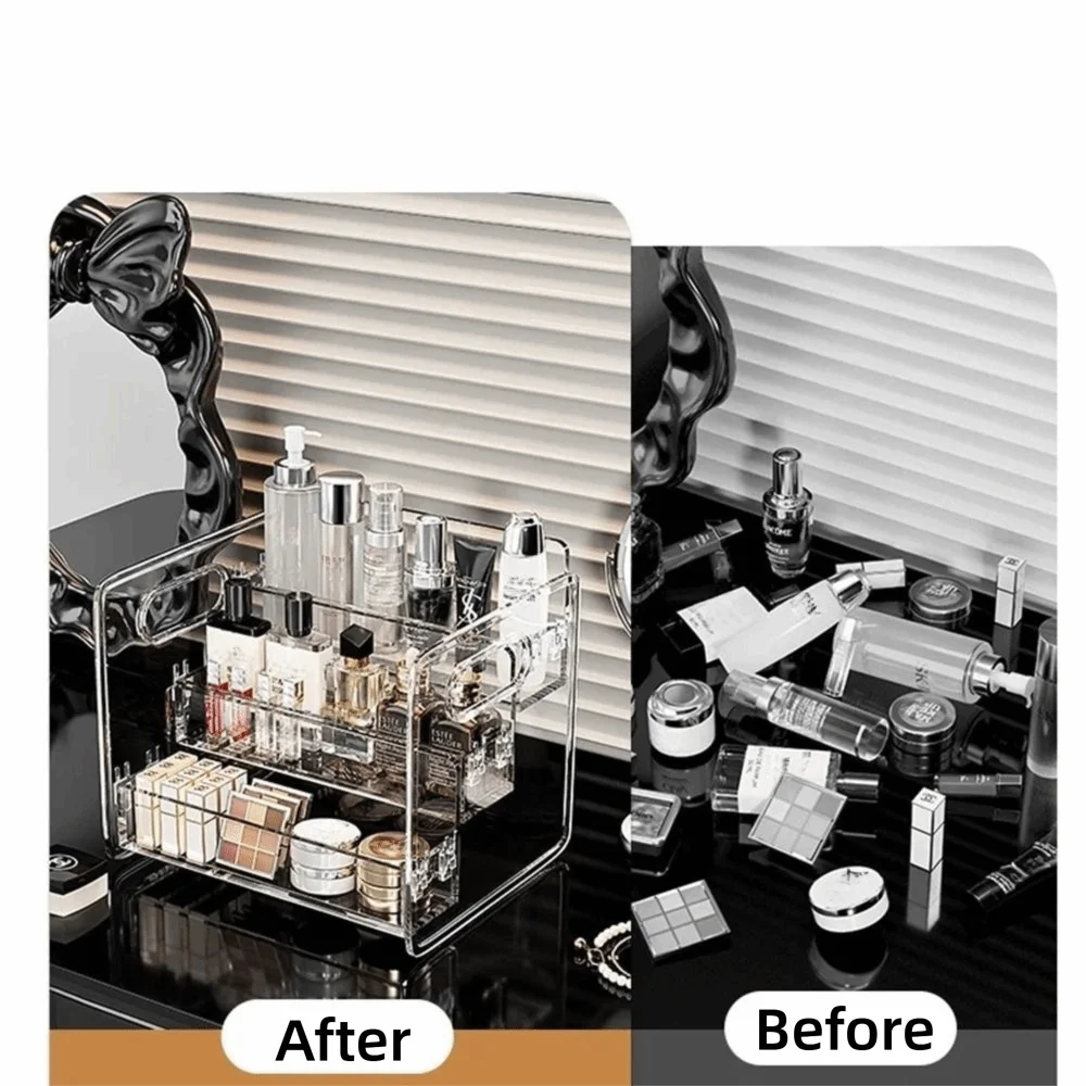 Transparent Cosmetic Storage Box Large Capacity Portable Compartment Clear Makeup Rack Snap Detachable Three-Tier Design
