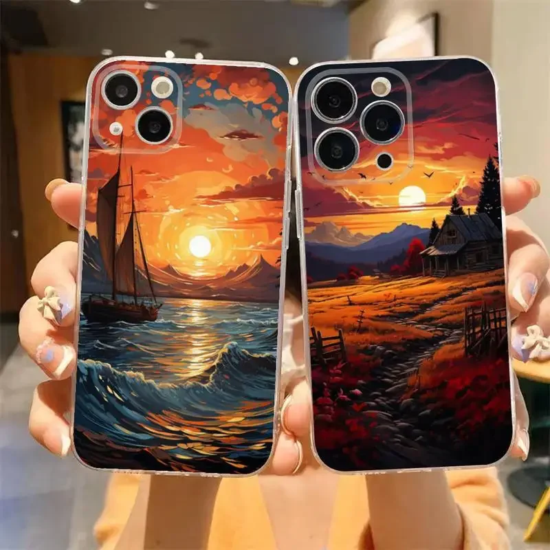 When Sunset View Phone Case For iPhone 11 12 Mini 13 14 15 Pro XS Max X 8 7 6s Plus 5 SE XR Transparent Shell