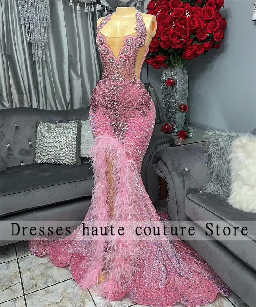 Pink Sequins Feathers Prom Dresses For Black Girl 2025 Luxury Diamond Rhinestones Birthday Party Dress Formal Dress Customized