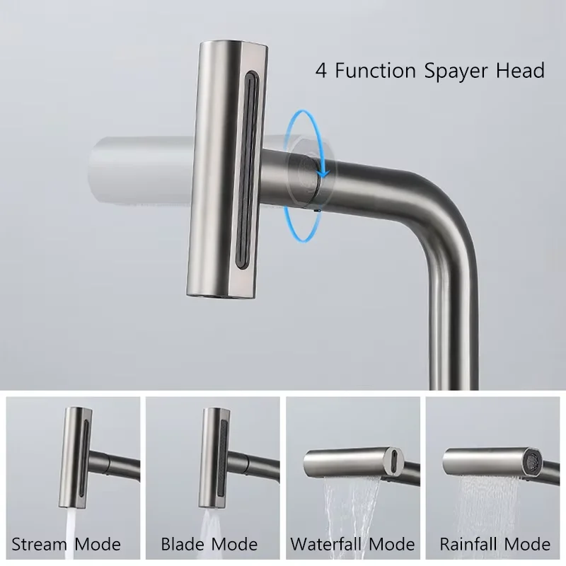 4 Mode Kitchen Faucet Pull Out Waterfall/Rainfall/Stream/Blade Sprayer Head Rotate Kitchen Sink Taps Hot/Cold Water Single Hole