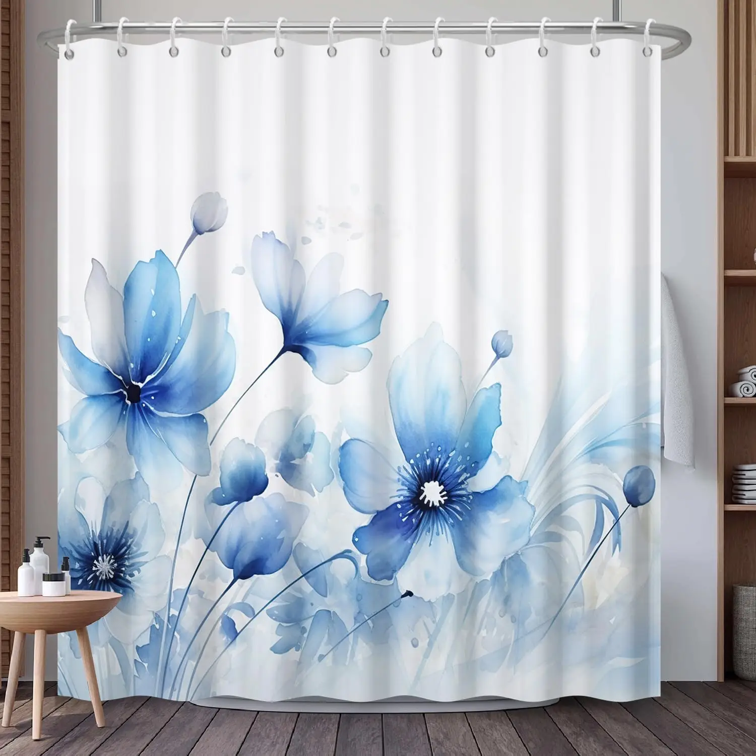 

Watercolor Floral Shower Curtain with Hooks Blue Floral Watercolor Shower Curtain with Elegant Flowers for Modern Bathroom Decor