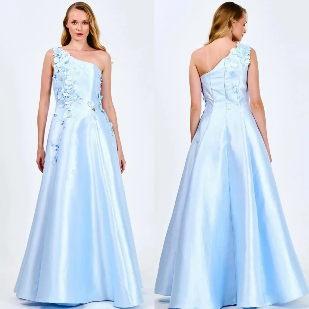 

Customized Exquisite Formal Charmeuse Flower Pleat A-line One-shoulder Long Dresses Bespoke Occasion Casual