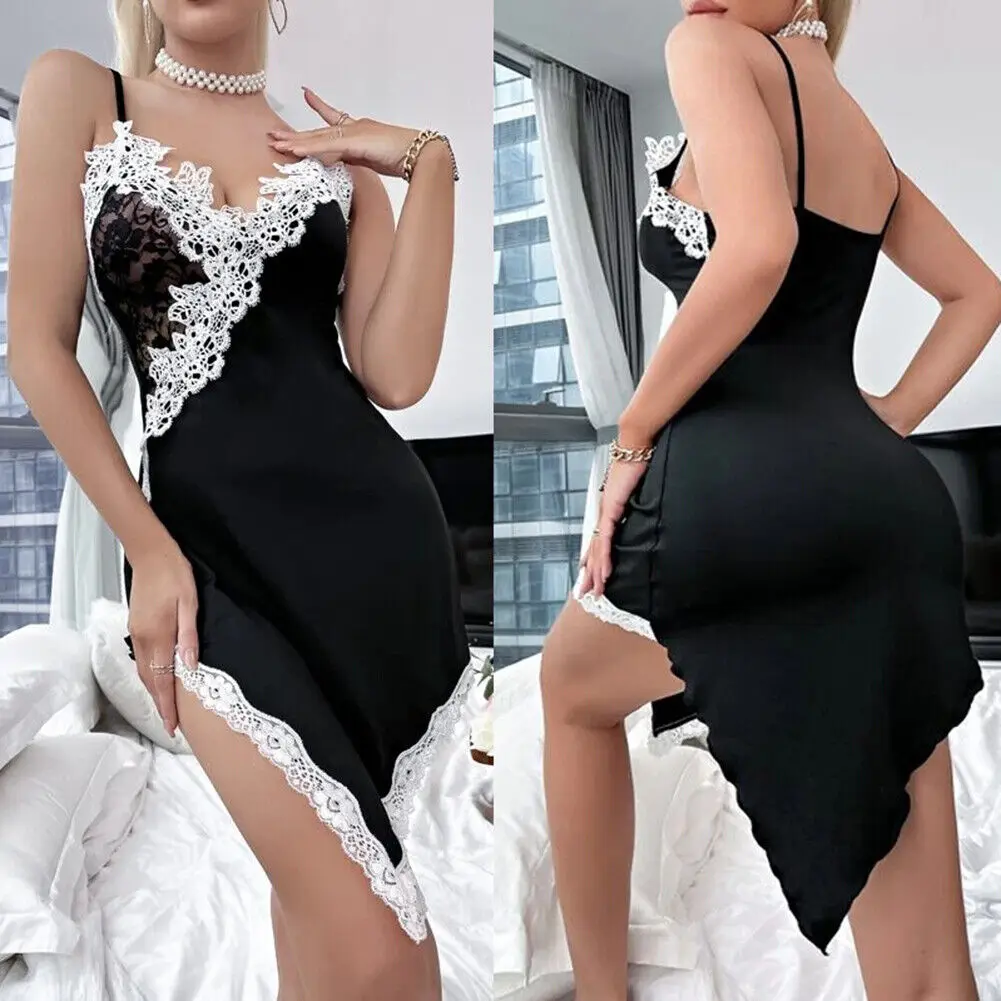 

Women Nightwear Sexy Chemise Teddy Lace Lingerie Nightgowns V-Neck Full Slip Babydoll Nightdress Silky Slip Trim Dress Sleepwear
