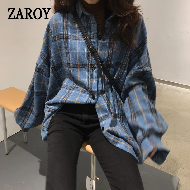 PLAZSON Oversized Plaid Shirt Autumn Winter Women Vintage Long Sleeve Fashion Loose Lapel Shirt Fit Blouse Korean Style