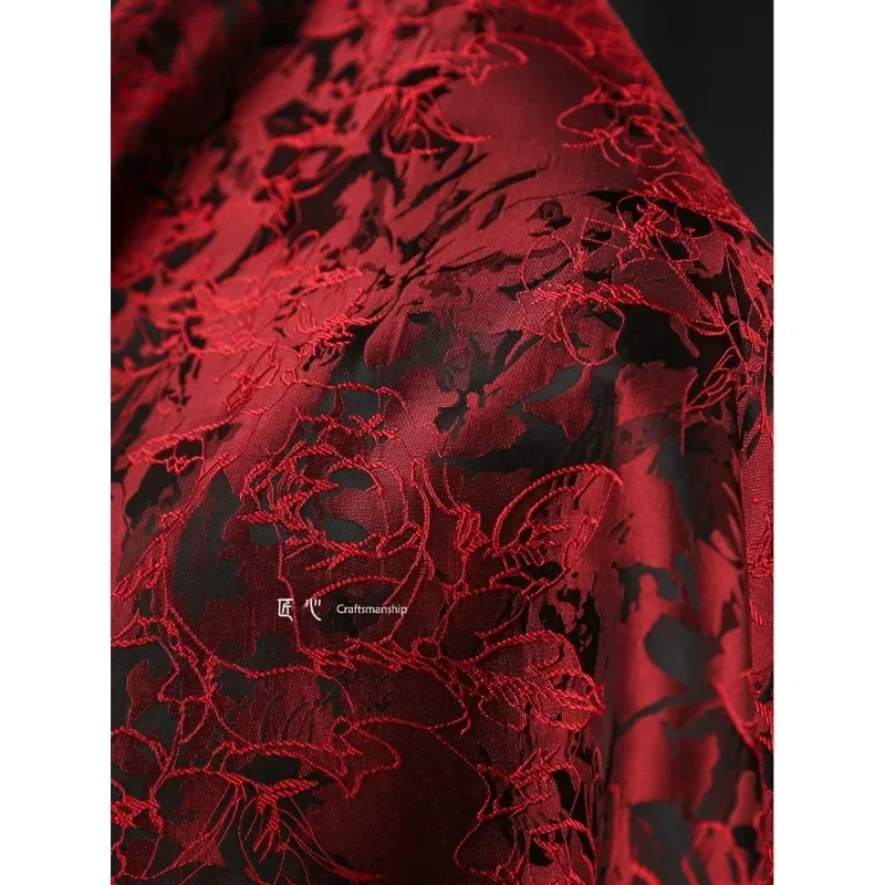 Red Linear Botanical Floral Jacquard Fabric Muscle Embroidery Jacket Suit Skirt Clothing Designer Fabrics