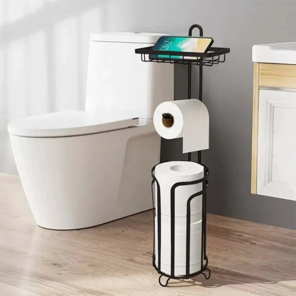 

Toilet paper holder with shelf, bathroom self standing toilet paper roll storage rack, black