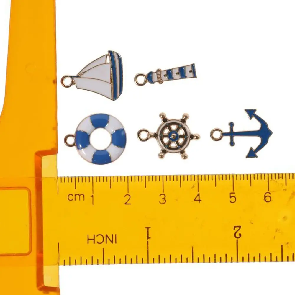 50pcs Alloy Nautical Collection Charms Lighthouse, Lifebuoy, Rudder, Anchor and Sailboat about 18mm in Length Alloy Anchor Charm