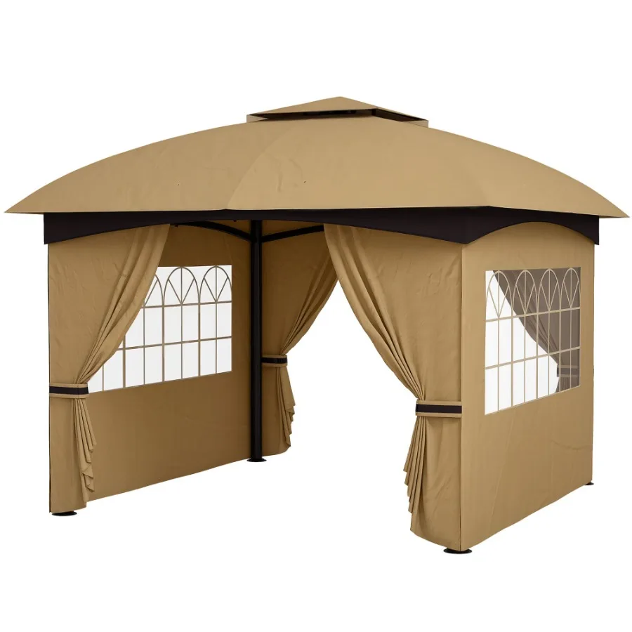 

11' x 11' Outdoor Gazebo Double Roof Patio Gazebo with Curtains Church Windows Galvanized Steel Frame Beige