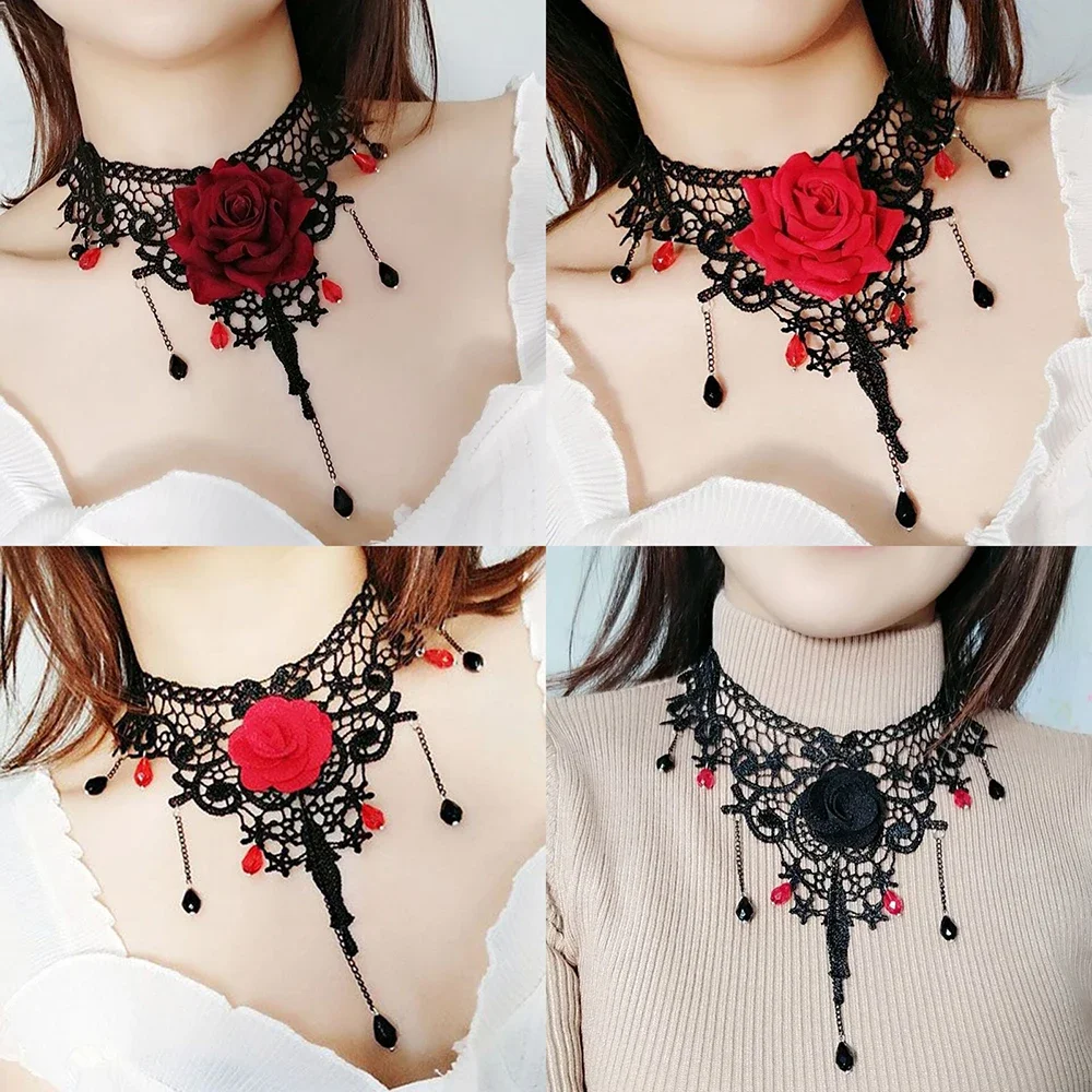 Gothic Black Lace Choker Necklace For Women Vintage Tassel Clavicle Chain Halloween Collar Choker Steampunk Party Jewelry Gift