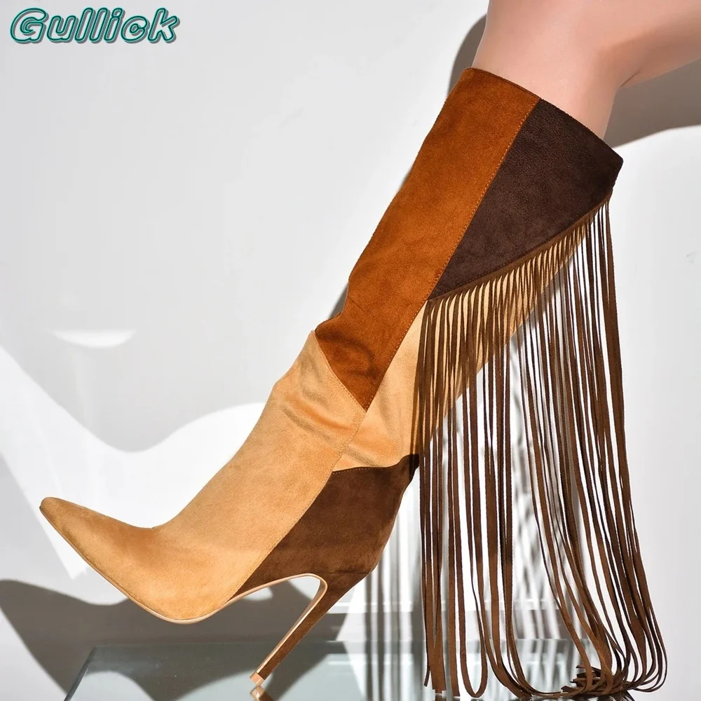 Gullick Mixed Fringe Knee-High Boots Pointed Toe Suede Stiletto High Heels Long Tassle 2024 Spring Autumn Shoes New Arrivals