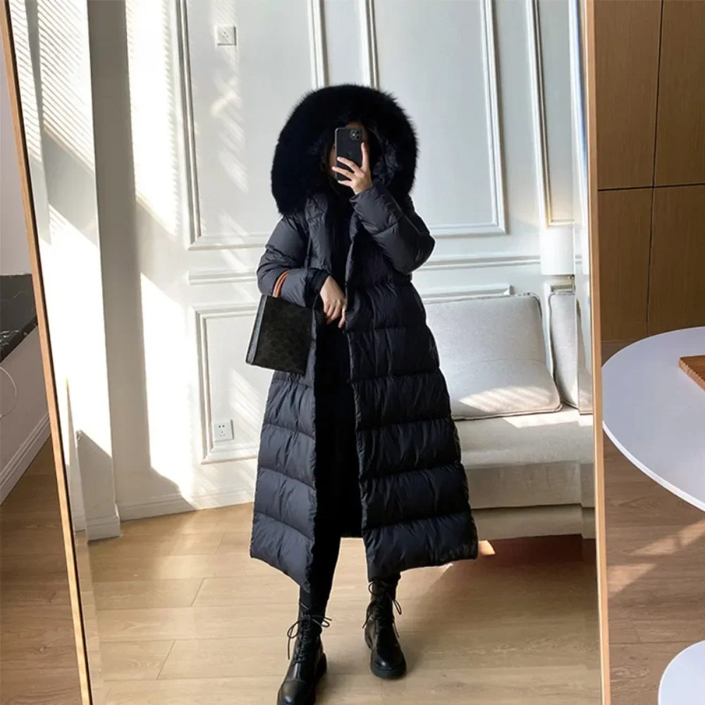 Real Fur Jacket 2024 Winter Women White Duck Down Jackets Ultra Light Warm Long Parkas Fox Fur Collar Female Hooded Snow Coats
