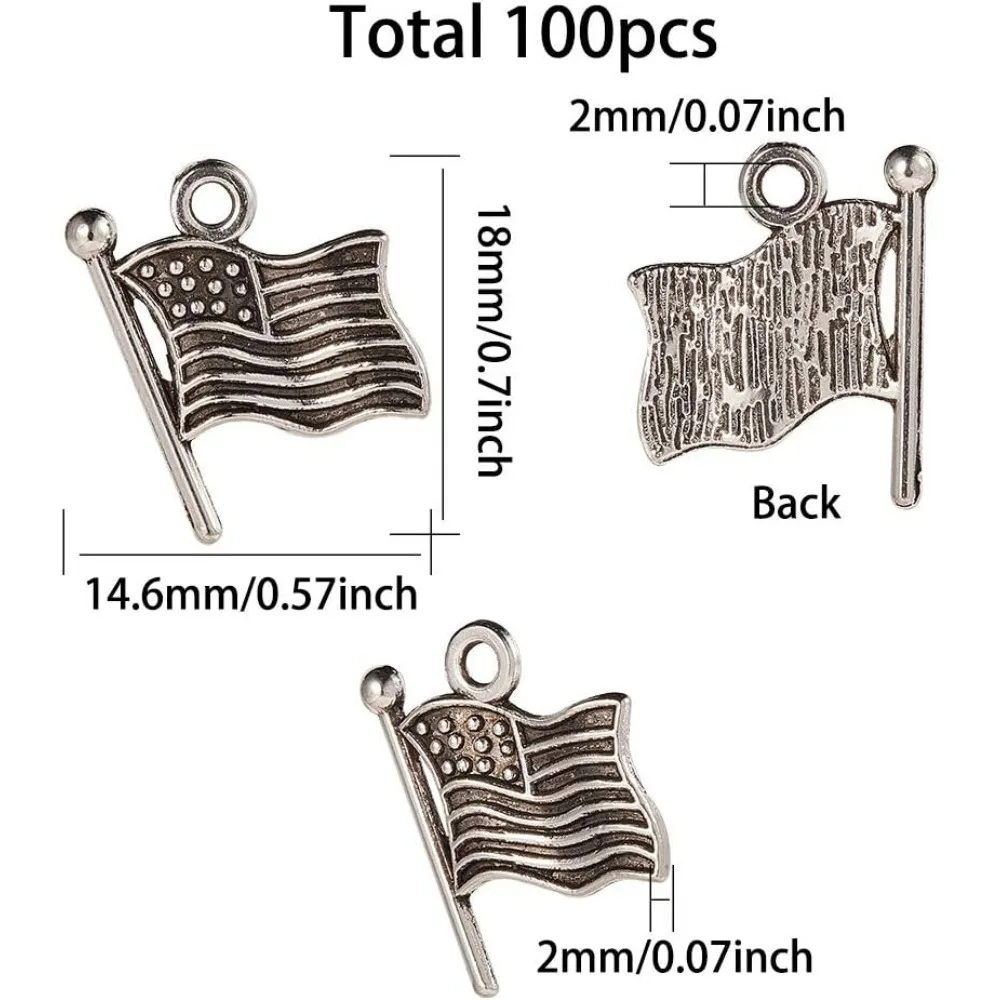 1 Box 100Pcs American Flag Charms Patriotic Charms USA Independence Day Charm Antique Silver Alloy Charms for Jewelry Making