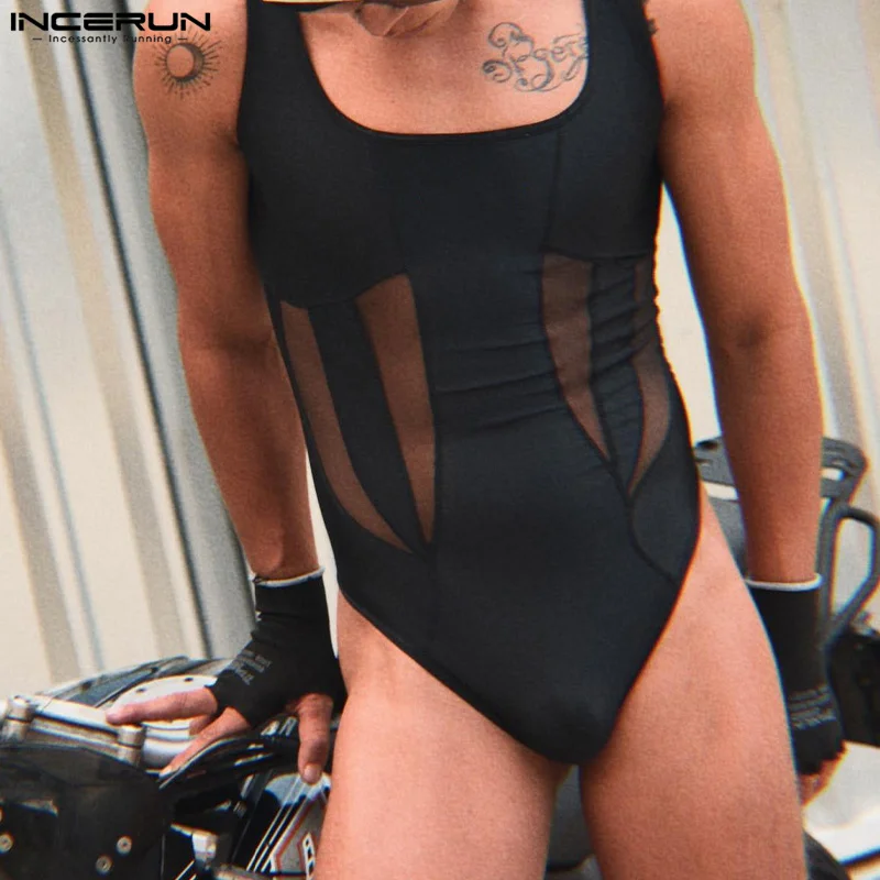 2024 Men Bodysuits Mesh Patchwork Sexy Sleeveless Rompers Men Streetwear Transparent Skinny Fashion Male Bodysuit S-5XL INCERUN