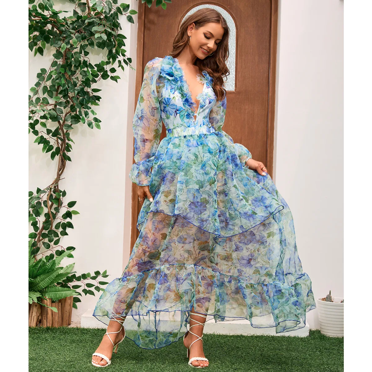 One Piece Swimsuit For Women European And American Swimwear Decal V-neck Long-sleeved Vacation Floral One-piece Swimsuit Women