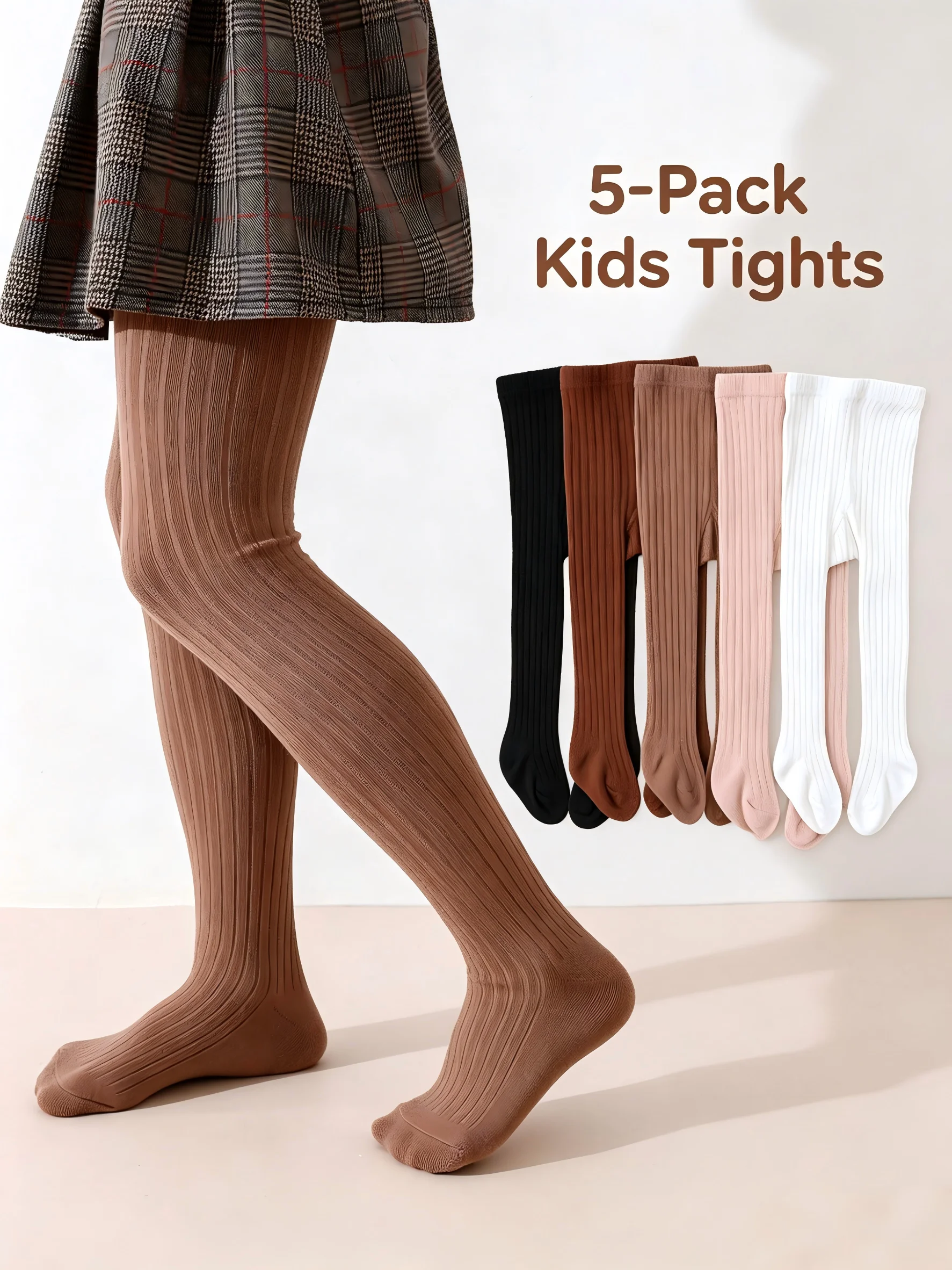 

5Pcs Toddler Girl Ribbed Knit Tights 1-11Y Nylon Spandex Striped Elastic Kid Pantyhose For School, Parties & Spring Autumn Wear