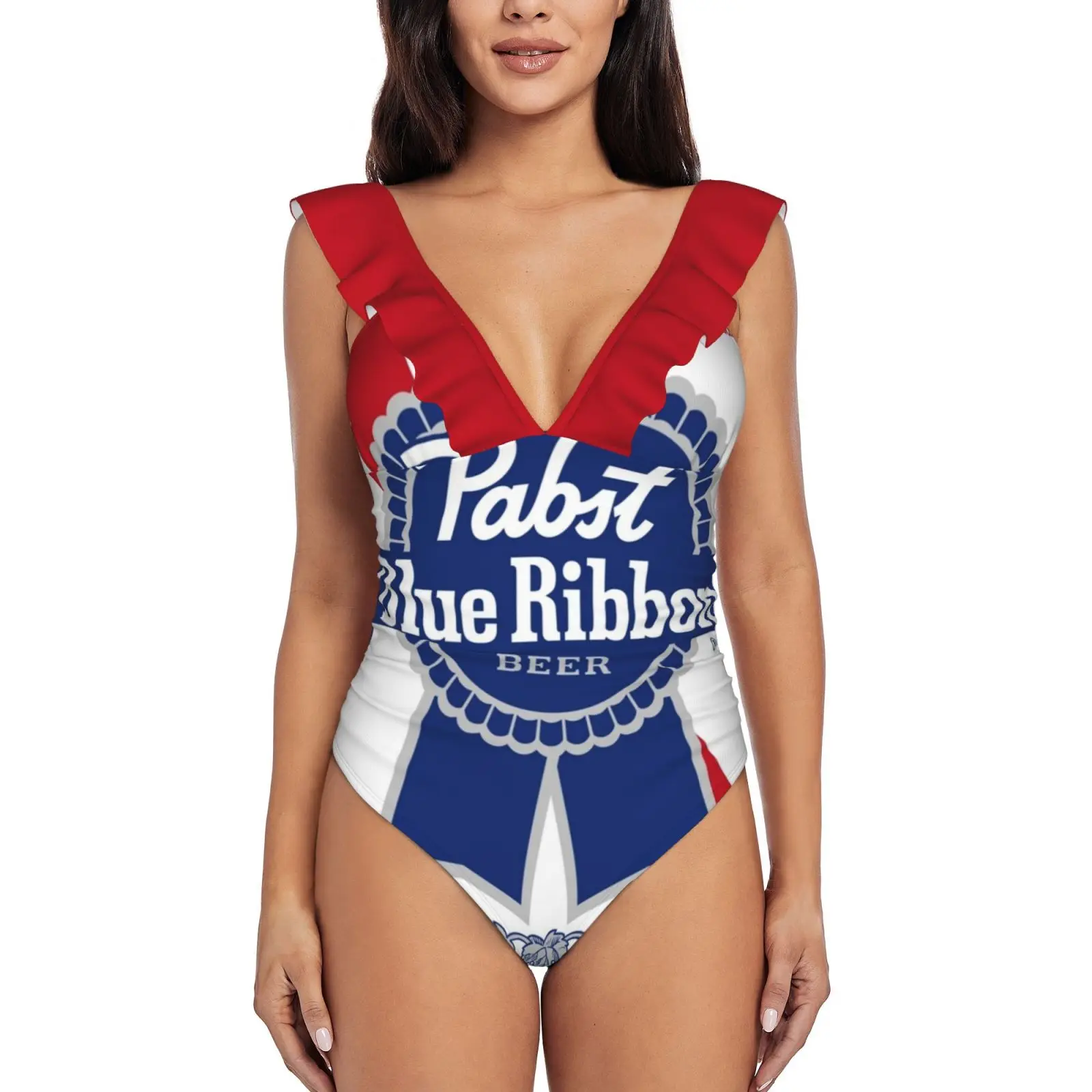 Pabst Blue Ribbon Sexy Ruffle Print Swimwear Women One Piece Swimsuit Female Monokini Bathing Suit Pabs Beer Pabst Blue Ribbon