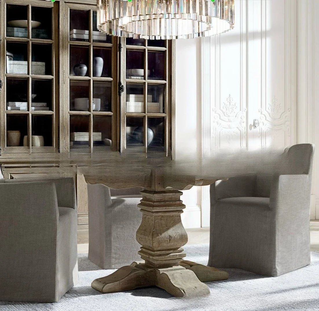 アメリカ産無垢材ダイニングテーブル家具 ダイニングルームログ彫刻 古材丸テーブル 1テーブル4脚組み合わせ