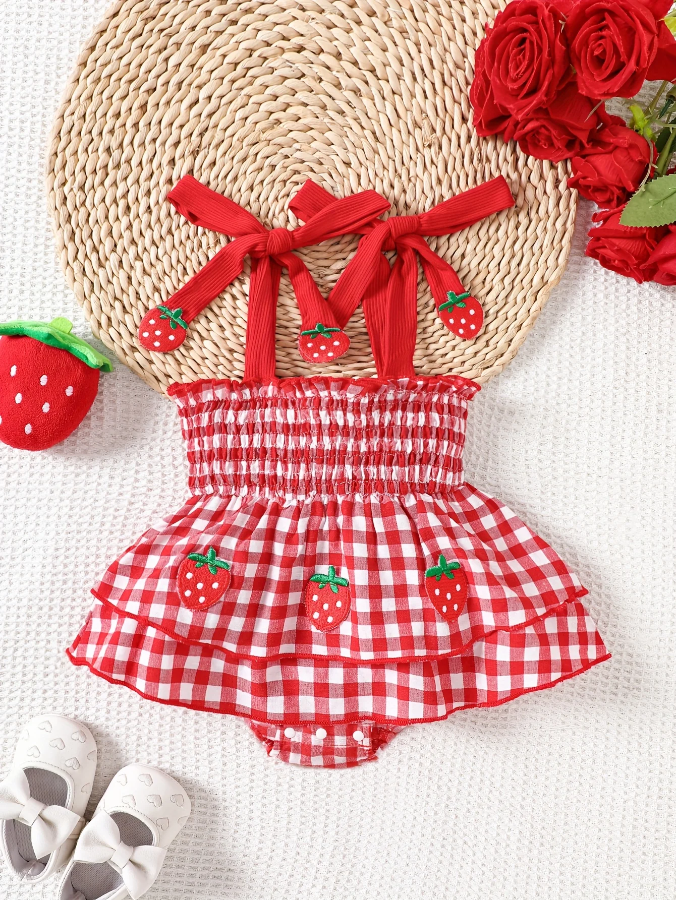 Baby Girl Strawberry Gingham Smocked Tie-Strap Romper Dress – Stretchy Shirred Bodice & Layered Skirt, Cute Summer One-Piece Out