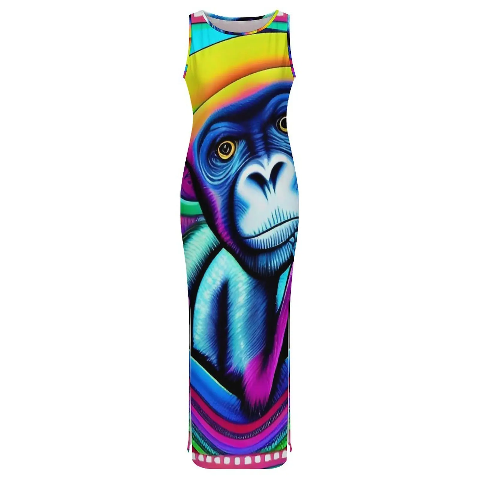 Zabawna sukienka z małpą, bez rękawów, uroczy nadruk zwierzęcy, elegancka sukienka maxi, wiosenny styl uliczny, graficzna sukienka bodycon, rozmiary 2XL 3XL 4XL