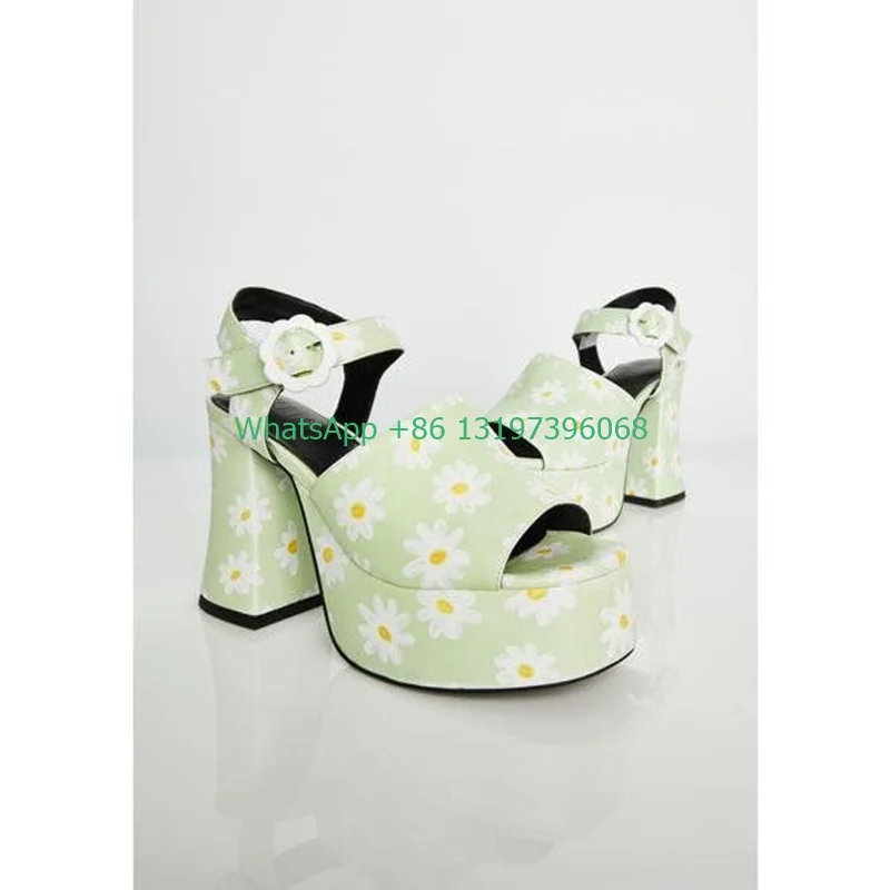 

Ladies Ladies Print Daisy Sandals Chunky Square Heel Peep Toe Sexy Slingback Sandals Platform Buckle Sandals Large Size Footwear