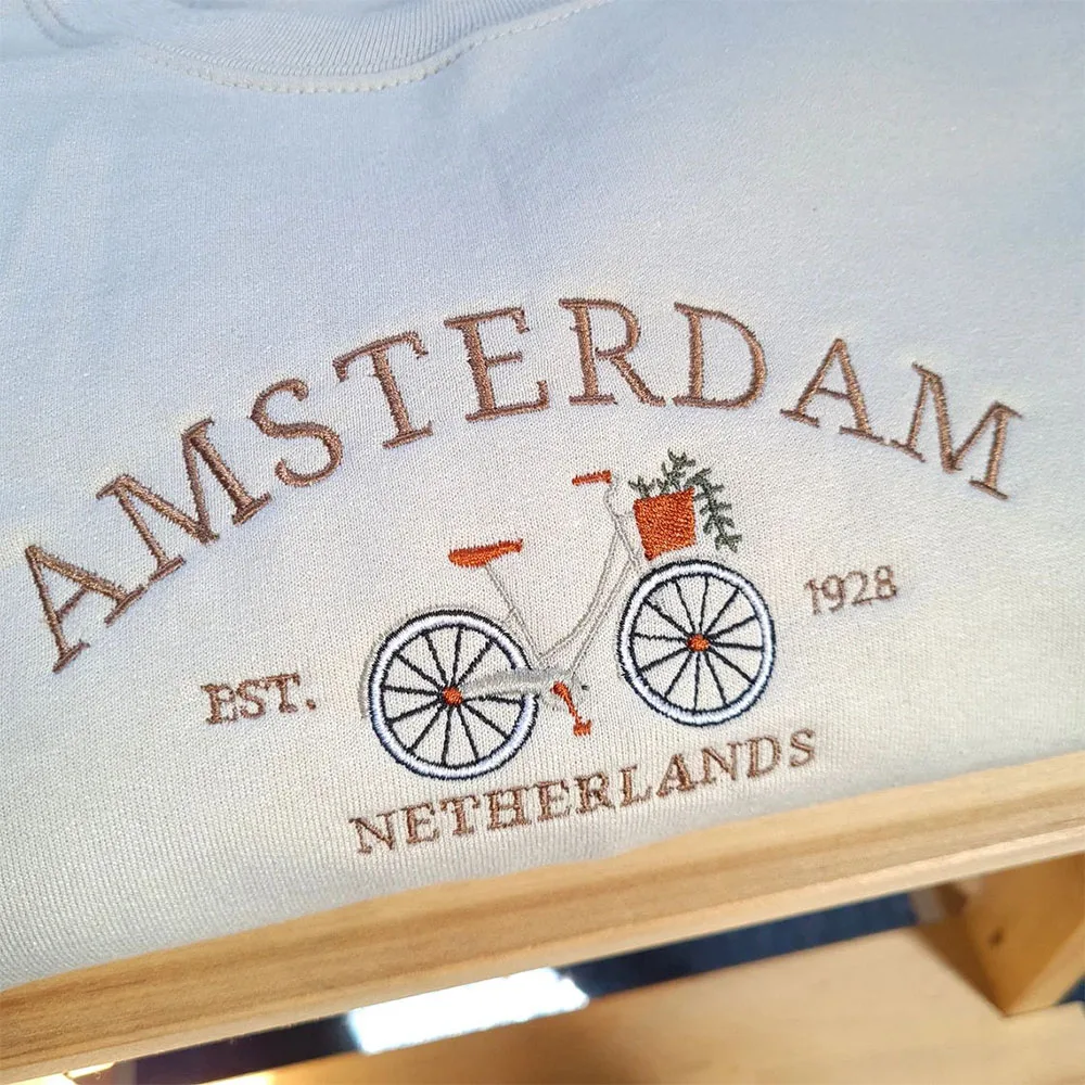 Vintage Amsterdam Bicycle Embroidered Sweatshirt Women Long Sleeve Autumn Casual Pullovers Crewneck Thick Netherlands Jumpers