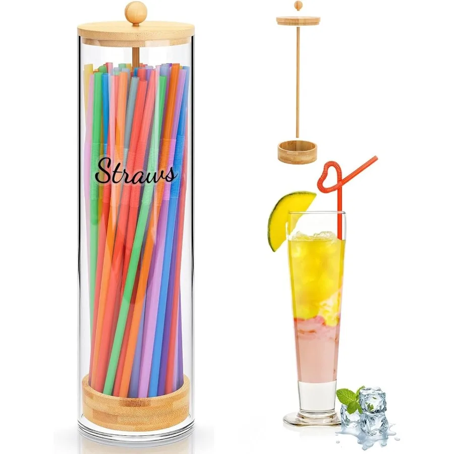 

Акриловый держатель для соломинки, 100 шт., цветные соломинки, 13-дюймовый прозрачный контейнер-органайзер для соломинки для питья с бамбуковой крышкой и наклейкой