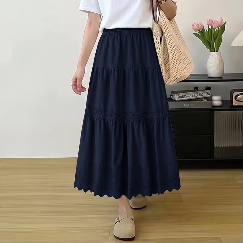 2026 ZANZEA Lace Skirts Women Summer Patchwork Solid Overskirts Korean Style Pleated Mid-Calf Elastic Waist Bottoms Oversized