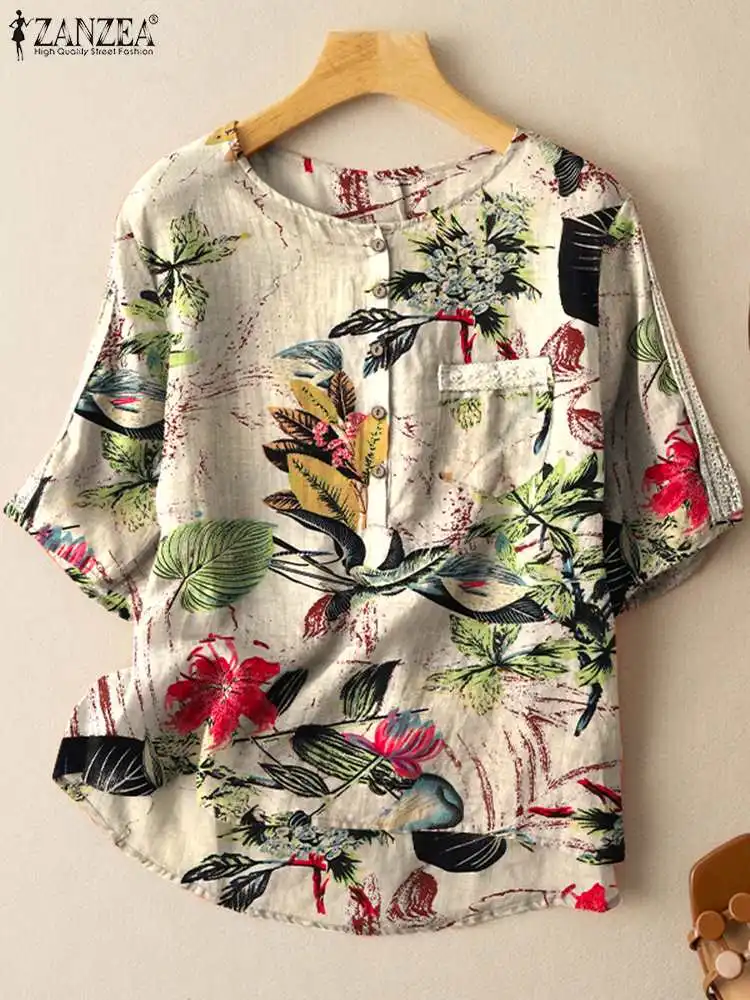 Summer O Neck Half Sleeve Floral Printed Blouse ZANZEA Women Vintage Casual Tops Tunic Bohemian Holiday Blusas Oversize Shirt