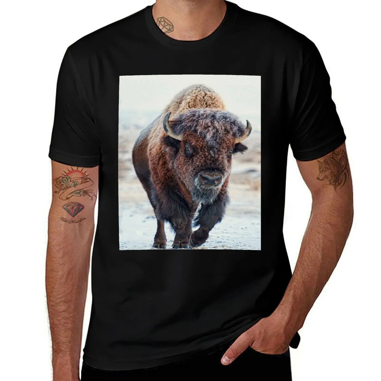 A snow-covered American Bison Roams Yellowstone National Park T-Shirt Casual Daily Wear Short Sleeve Top T-Shirt