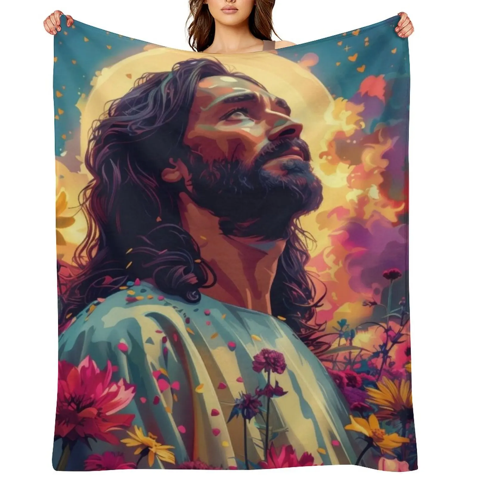 

Jesus Sticker Christian Print Oil Painting Jesus Shirt Abstract Home Christian Wall Print Sunlit Jesus Series Throw Blanket