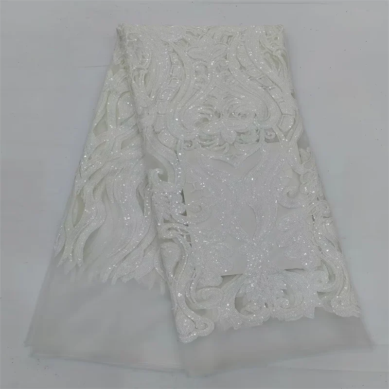 

Синяя африканская кружевная ткань 2025 года — прозрачная французская сетчатая тюлевая кружевная ткань с серебряными блестками для свадебных платьев белого цвета