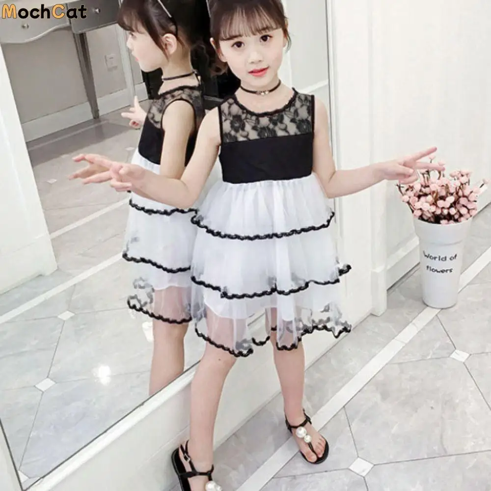 

Elegant Sleeveless Girls Princess Dress Loose Party Summer Lace Dress Teens Beach Vacation Children Mesh Dress Students