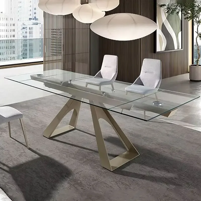 Koto modern Italian design dining room extending table  tempered glass dining table metal steel base legs 6 8 10 12 seater