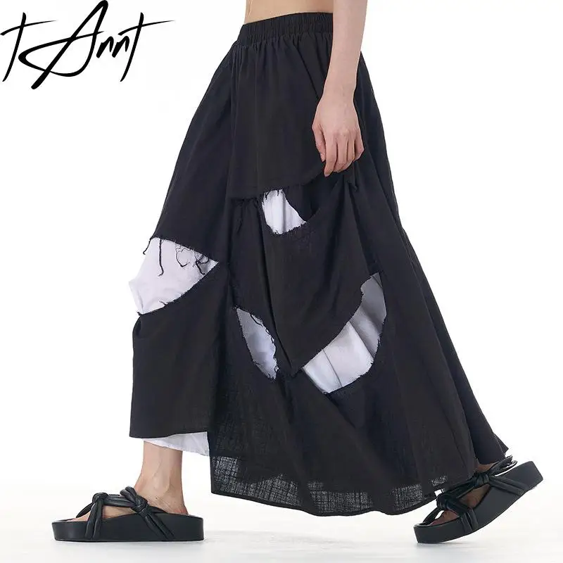 

Tannt Women Skirt Holes Asymmetry Color Matching Long Women Skirts Irregular High Waist Balck Long Skirts 2024 New