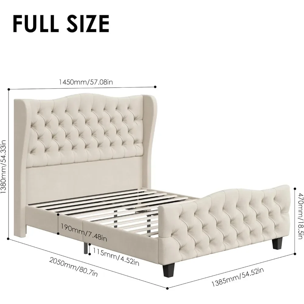 King Bed Frame with Velvet Upholstered Deep Button Tufted Wingback Headboard and Footboard, No Box Spring Needed, King Bed Frame