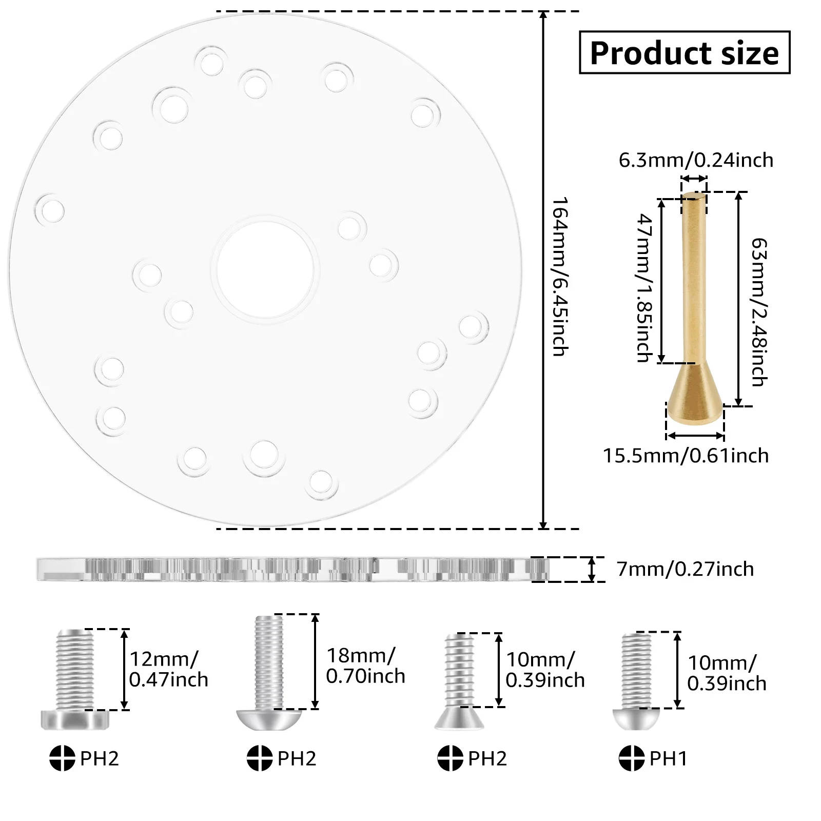 6.5in Clear Acrylic Router Base Plate Woodworking Auxiliary Tool Universal Router Base Plate Kit with Centering Pin and Screw