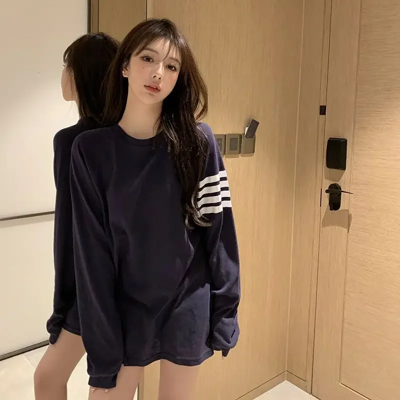 

Net Yarn Striped Patchwork T Shirt Tops Summer Thin Long Sleeve Round Neck Loose All-match Pullovers Casual Korean Women Clothes