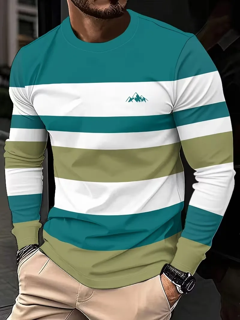 Spring And Autumn Simple Classic Striped Printed Men's Long Sleeved T-Shirt Comfortable Daily Casual Street Loose Men's Clothing