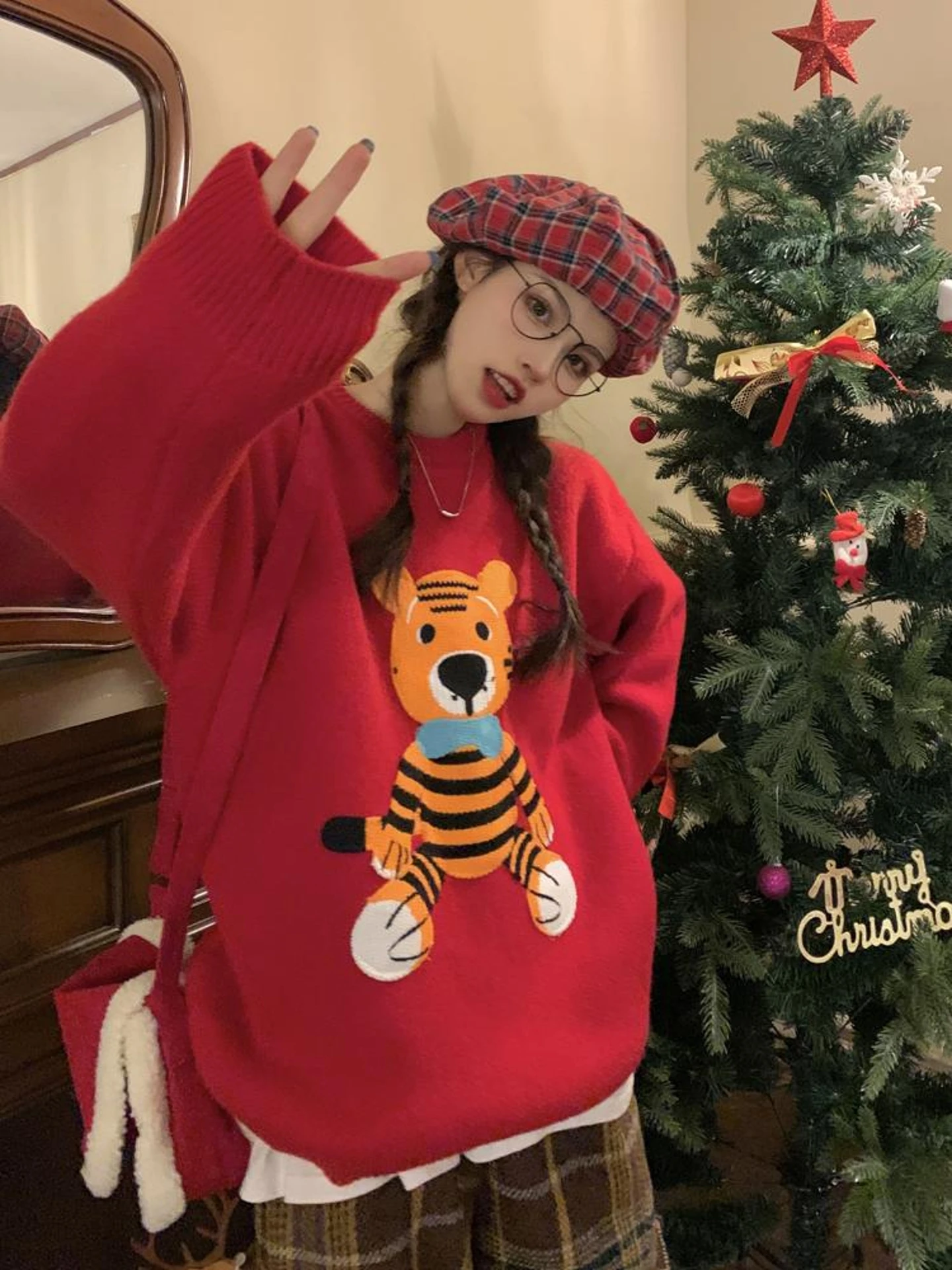 

Cisas Red Loose Fit Long Sve round Ne Knitted Sweater Korean Sle Women's Faionable Autumn Winter Knitwear