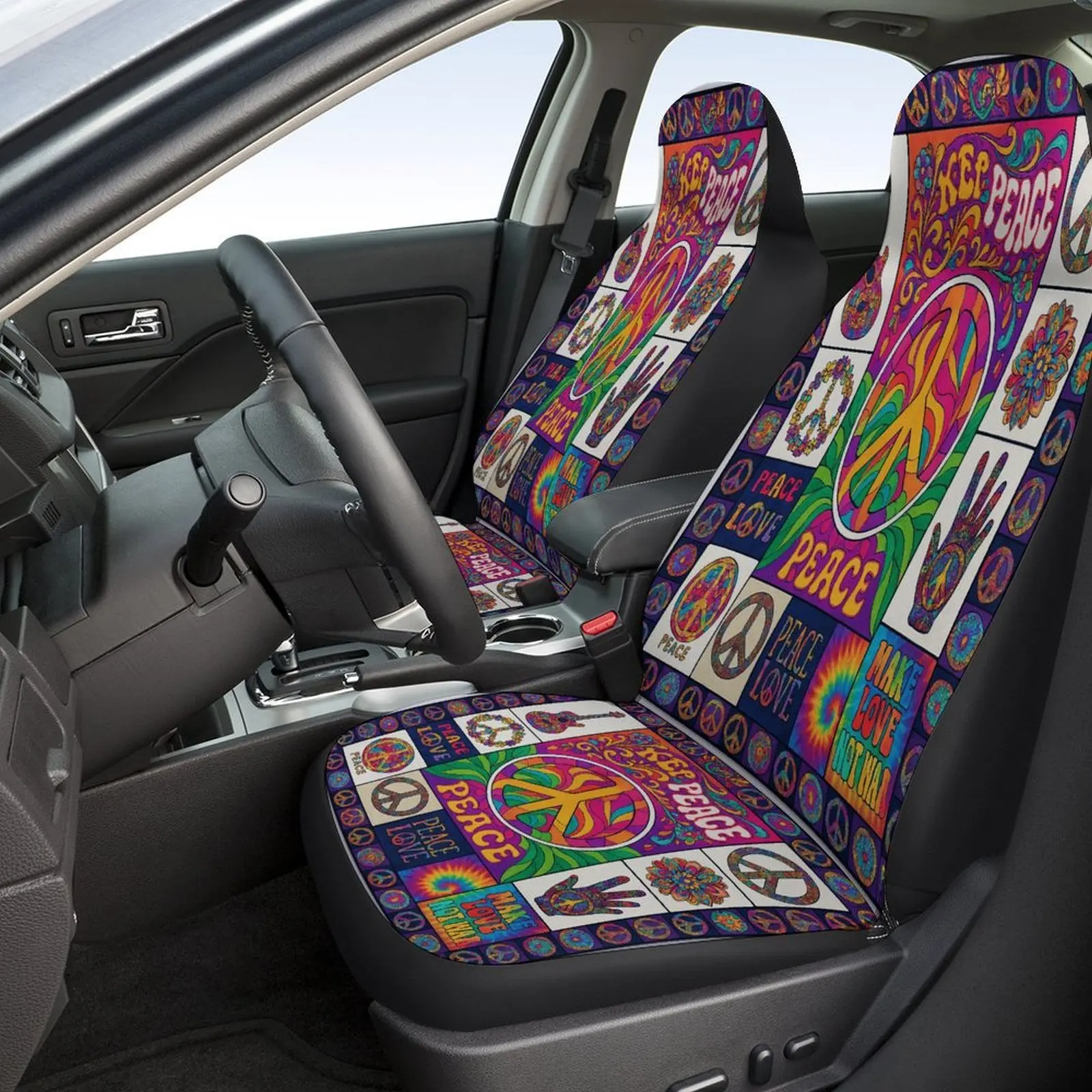 Peace Symbols Art Designed Car Seat Cover Set For Most Cars, High-quality Comfortable Car Seat Protector Covers Full Set, Univer