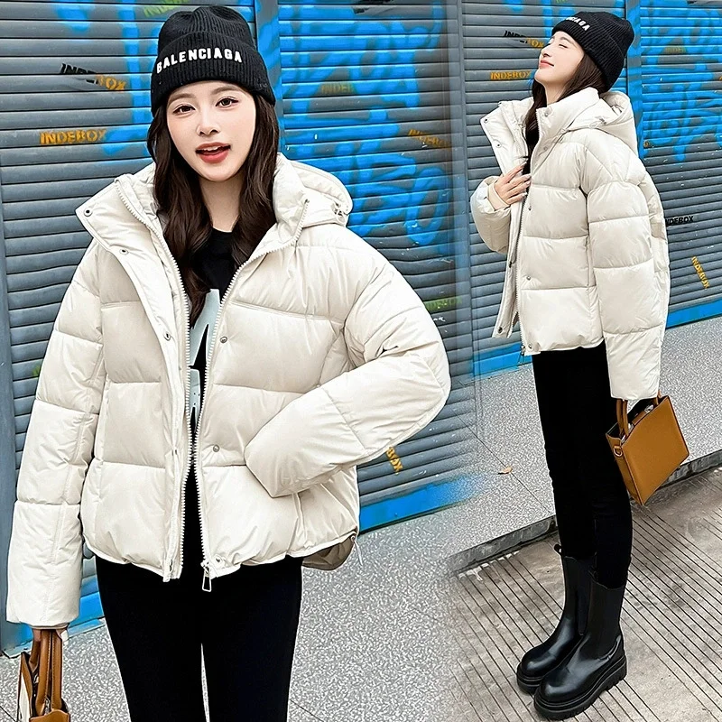 2025 nuevo Parkas cortas de invierno para mujer, abrigo de algodón a la moda coreana para mujer, abrigo informal cálido con capucha para mujer, abrigo para nieve