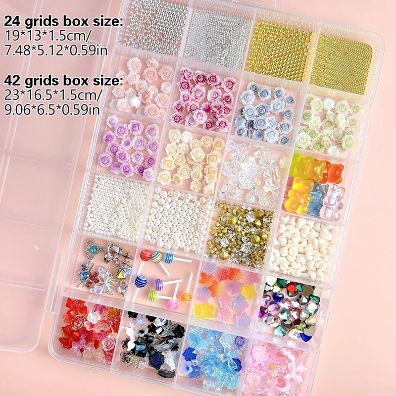 Kit de 24/42 rejillas para decoración de uñas, flores 3D, hojas de resina mezcladas, cuentas de perlas, dijes de mariposa, juego de decoración de manicura, salón artesanal DIY